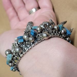 Vintage Silver Tone Charm Bracelet Turquoise Palm Trees Pineapple Charms